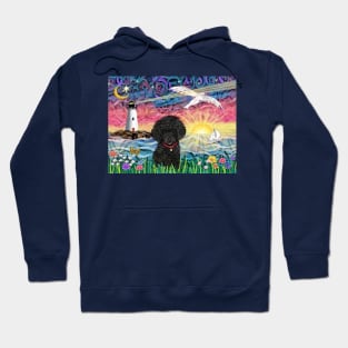 "Lighthouse with Seagull" Design with a Fluffy Black Toy Poodle Hoodie